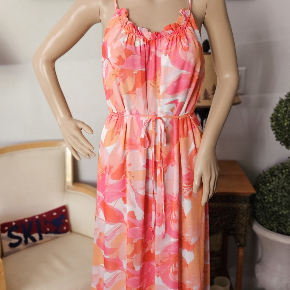 Nicole Miller Floral Pink and Orange Maxi Dress XS